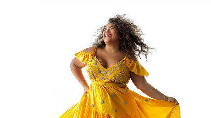 plus size latina woman, dancing and smiling in a yellow dress isolated on white 