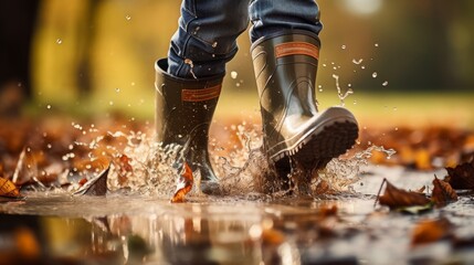 Wearing rubber boots and splashing water on puddle