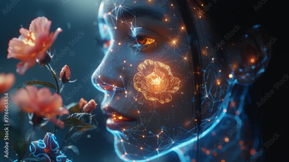 Poster Artificial intelligence in humanoid head by handing artificial robotic flower. Future concept. Computer neural network learning the world. Industry 4.