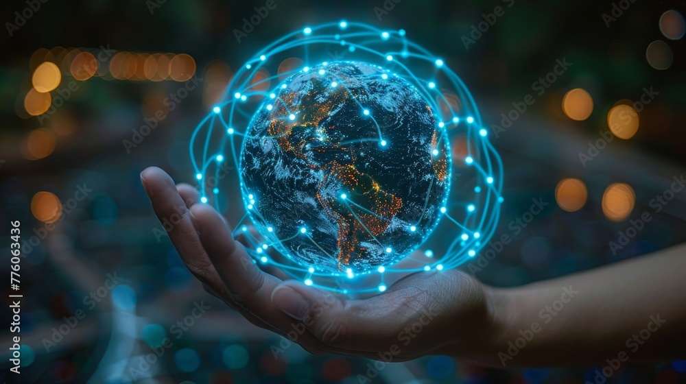 Poster In this model, there is a robotic arm interacting with the 3D Earth on the center of a HUD screen and artificial intelligence controls the global network. Robot hand pointing at earth in cyber space.