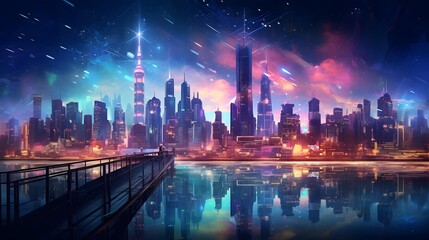 Panoramic view of the city at night. Futuristic cityscape.