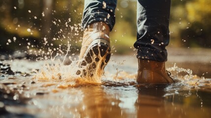 Wearing rubber boots and splashing water on puddle - obrazy, fototapety, plakaty