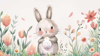 Easter holiday watercolor illustration with cute baby rabbit or bunny, hand painted style Easter background or greeting card, AI generated