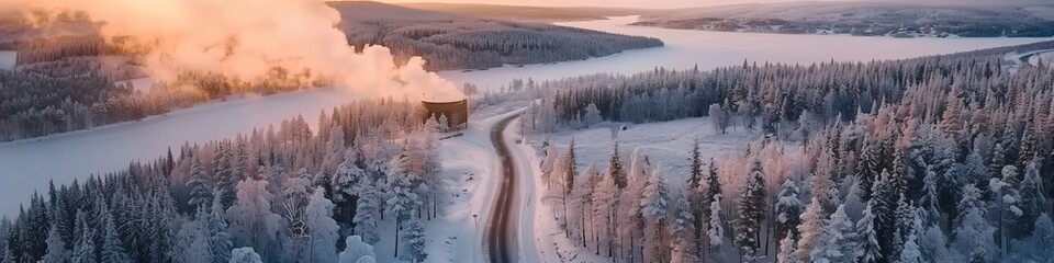 serene winter morning with snowy road winding through frosty forest - obrazy, fototapety, plakaty