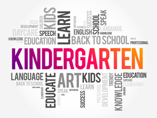 Fototapeta premium Kindergarten (children's garden) is a preschool educational approach based on playing, singing, practical activities, word cloud text concept background