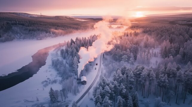 aerial view of a cold sunrise over a misty snow-covered landscape