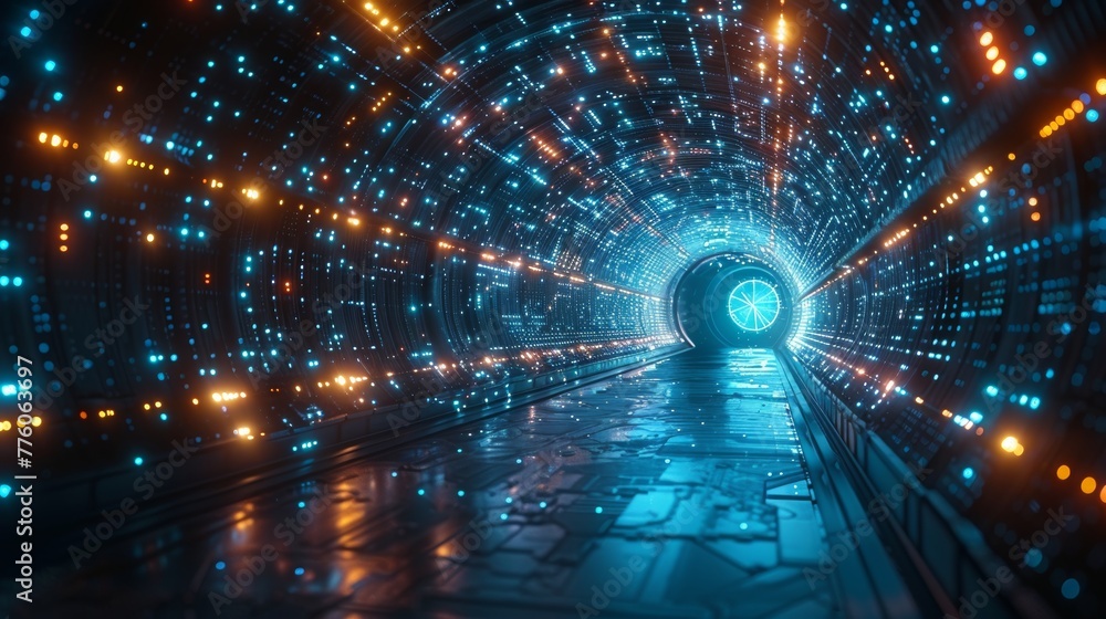 Leinwandbilder An abstract door in a tunnel with digital data center light signals. Future computer technology concept of a cyber gate in cyberspace or metaverse. Elegant cyber door or portal in a data center. Tech