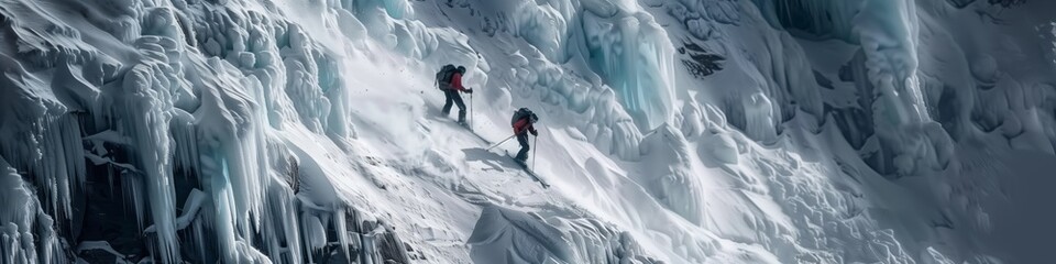 team of adventurers braving harsh glacier conditions on ascent