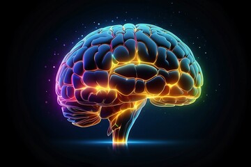 Human brain with glowing effect on a dark background. 