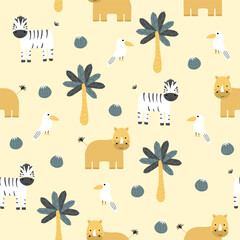 Vector seamless pattern with rhinoceros, bird, zebra.Tropical jungle cartoon creatures.Pastel animals background.Cute natural pattern for fabric, childrens clothing,textiles,wrapping paper.