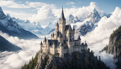 An enchanting castle perched atop a mountain amidst clouds, with a fantasy landscape of icy peaks in the distance