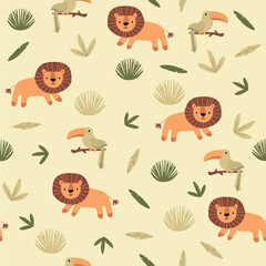 Vector seamless pattern with toucan, lion.Tropical jungle cartoon creatures.Pastel animals background.Cute natural pattern for fabric, childrens clothing,textiles,wrapping paper.