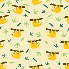 Vector seamless pattern with sloth.Tropical jungle cartoon creatures.Pastel animals background.Cute natural pattern for fabric, childrens clothing,textiles,wrapping paper.