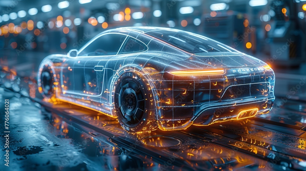 Poster in the automotive industry, a robot assembles cars. an automated 3d robotic arm sets wheels and wind