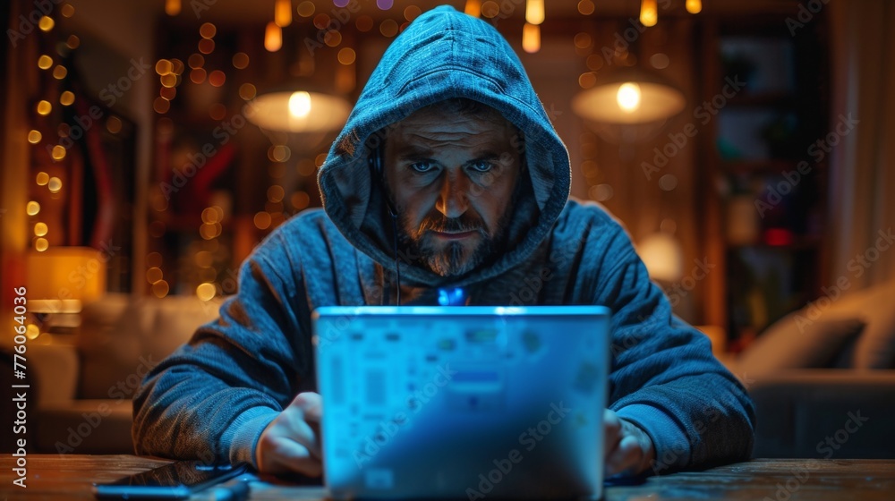 Poster A hacker in hoodie hacks computer and smartphone in dark room. Criminal uses malware on mobile phone to hack devices. Hacker uses laptop in room with neon lights.