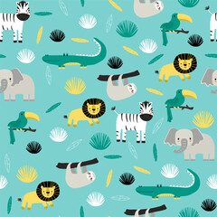 Vector seamless pattern with lion, toucan, parrot, crocodile, zebra, elephant, sloth.Tropical jungle cartoon creatures.Cute natural pattern for fabric, childrens clothing,textiles,wrapping paper