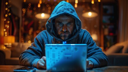 A hacker in hoodie hacks computer and smartphone in dark room. Criminal uses malware on mobile phone to hack devices. Hacker uses laptop in room with neon lights.
