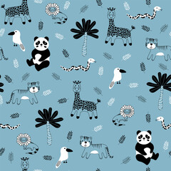 Vector seamless pattern with panda, snake, giraffe, tiger, bird, parrot.Tropical jungle cartoon creatures.Pastel animals background.Cute natural pattern for fabric, childrens clothing,wrapping paper