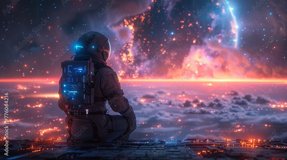 Poster sci-fi illustration of an astronaut in a futuristic spacesuit on the runway of a space station, watc