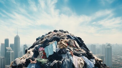 Clothing Pile Against City Skyline for Textile Recycling  - obrazy, fototapety, plakaty