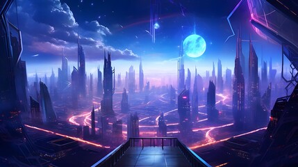 Futuristic city at night. Futuristic city with neon lights. 3d rendering
