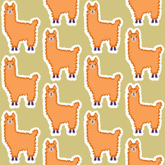 Vector sticker pattern with llama.Tropical jungle cartoon creatures.Pastel animals background.Cute natural pattern for fabric, childrens clothing,textiles,wrapping paper