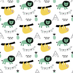 Vector seamless pattern with lion, sloth.Tropical jungle cartoon creatures.Pastel animals background.Cute natural pattern for fabric, childrens clothing,textiles,wrapping paper