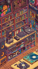 A vibrant illustration of a music studio with bookshelves, turntables, and retro posters.