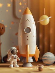 A stylized toy rocket and astronaut figure on a wooden surface, with decorative planets.