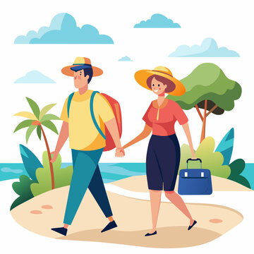 Millennial-aged couple walking along a beach while traveling