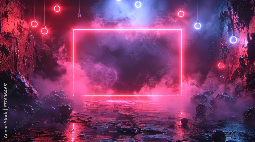 Fototapete The neon rectangle glows in dark cyberspace with hanging 3D spheres. An abstract tech square border or frame is the background for the object which is composed of neon lamps in reds and blues.