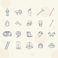 Fire Fighter Equipment, Vector Outline Set