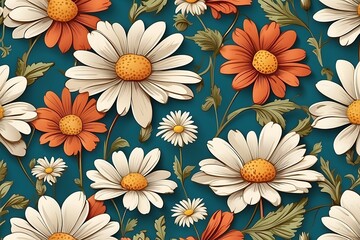 Abstract Seamless floral pattern background with chamomile flowers on blue background