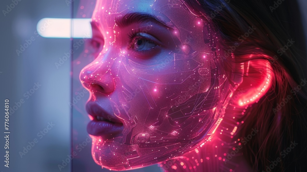 Fototapete An image of an artificial intelligence chatbot in motion with its head hanging over a mobile phone screen. An abstract image of an internet chatbot chatting on a mobile phone with artificial