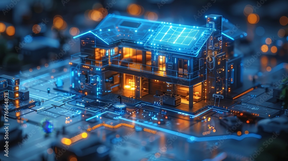 Aufkleber Building house Internet of things system. Controlling domestic devices by remote control. This is a 3D blueprint plan of a smart home with icons for IOT devices.