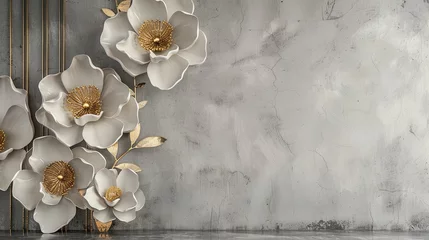 Foto auf Acrylglas Höhenskala Volumetric floral arrangements on an old concrete wall with gold elements.