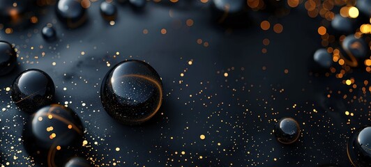 Abstract background with dark glossy rainbow colored bubbles on black, floating and flying bubbles...
