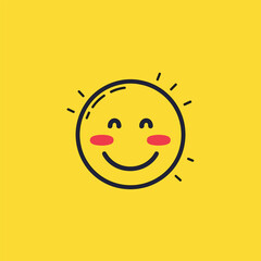 Smiling sun, minimalist yellow backdrop.
