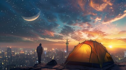 yellow camping tent with light on the roof top building skyscraper with city scape view, a person standing beside the tent, sunrise with stars and crescent moon - obrazy, fototapety, plakaty