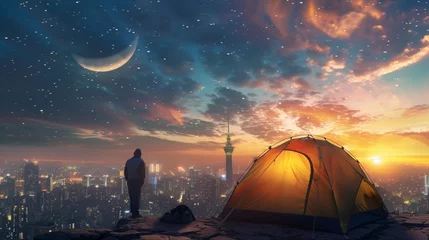 Selbstklebende Fototapeten yellow camping tent with light on the roof top building skyscraper with city scape view, a person standing beside the tent, sunrise with stars and crescent moon © paisorn