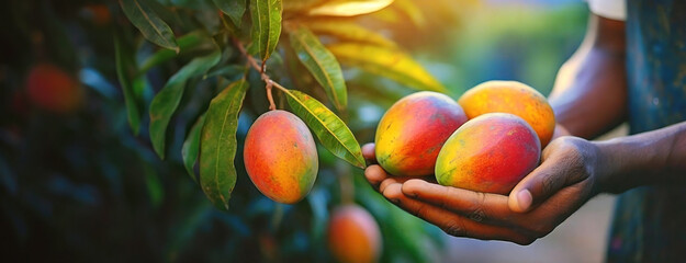Hands cradle ripe mangoes in a lush orchard at dusk. The warm glow of sunset kisses the fruit,...