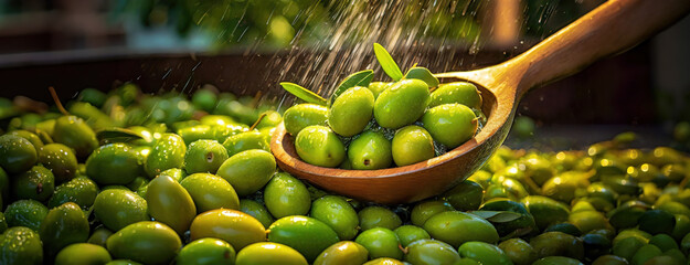 Fresh olives are showered with water in a rustic wooden spoon. The droplets glisten on the harvest,...