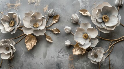 Fototapeta na wymiar Volumetric floral arrangements on an old concrete wall with gold elements.