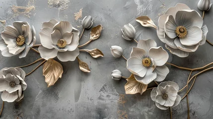 Fototapeten Volumetric floral arrangements on an old concrete wall with gold elements. © MiaStendal