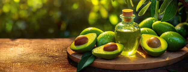Avocado and Oil Essence Amidst Greenery. Halved avocados around a glass container with their...