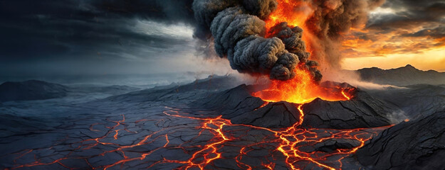 Volcanic eruption with lava and ash cloud. A powerful display of nature's force. Fiery molten rock flowing from crater, plume rising fiercely. Panorama with copy space