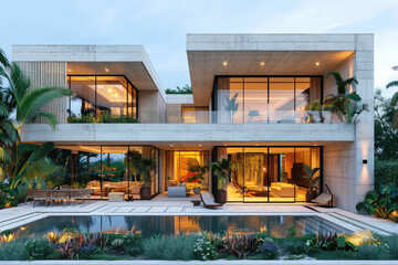A modern, two-story villa with concrete walls and large glass windows, situated on top of an island in Thailand's pristine tropical setting at dusk. Created with Ai