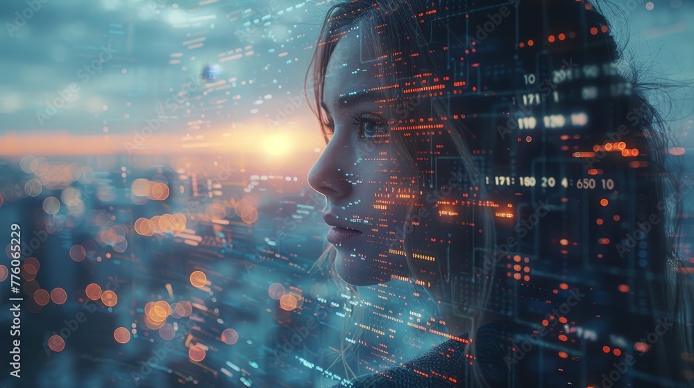 Poster AI robot trading on a growth chart on stock exchange market. AI assistant robot trading on forex market. Automated trading system. AI analysis of investment fund data.