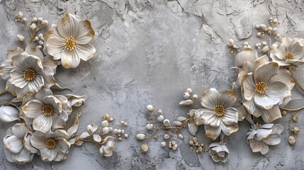 Volumetric floral arrangements on an old concrete wall with gold elements.