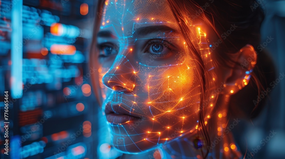 Poster Concept for AI software development. Robot head on engineer's desk. Programming and learning artificial neural networks. Futuristic interface for AI configurations.